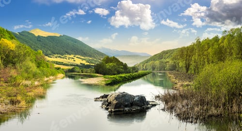 Preview: Collage Mountain River With Stones And Grass In The Forest Near The Mountain Slope In Sunrise Light