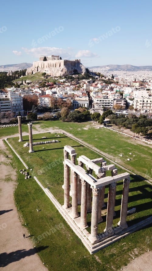 Preview: Aerial Drone Photo Of Iconic Pillars Of Temple Of Olympian Zeus And World Famous Acropolis Hill