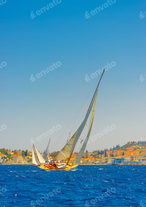 Preview: Classic Wooden Sailing Boat In A Race, Spetses Island In Greece