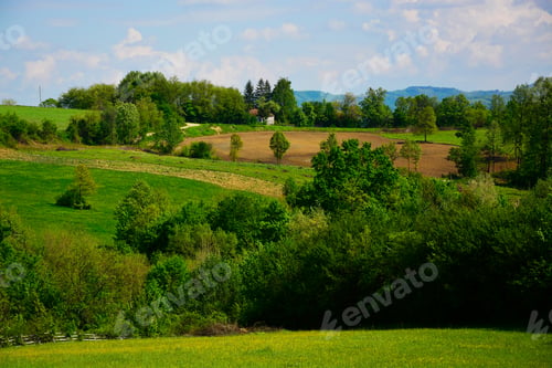 Preview: Outdoor Green Field View With Blue Sky And Clouds
