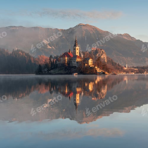 Preview: Sunrise At Lake Bled. Beautiful Soft Morning Colors At The Lake.