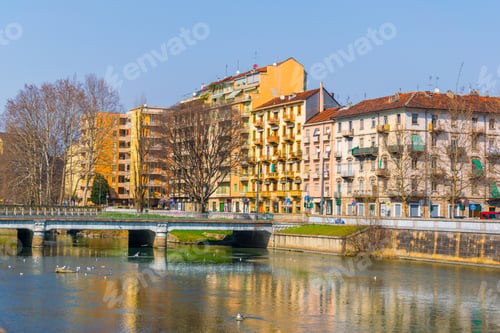 Preview: Historical Buildings Stretched Along Riverside Of Dora Riparia River In The Italian City Torino.