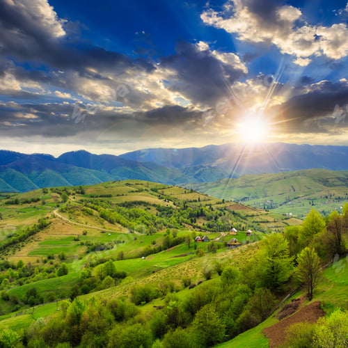 Preview: Summer Landscape. Village On The Hillside. Forest On The Mountain Light Fall On Clearing On