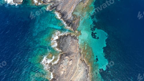 Preview: Aerial Drone Photo Of Tropical Volcanic White Rock Deep Turquoise Paradise Bay With Beautiful