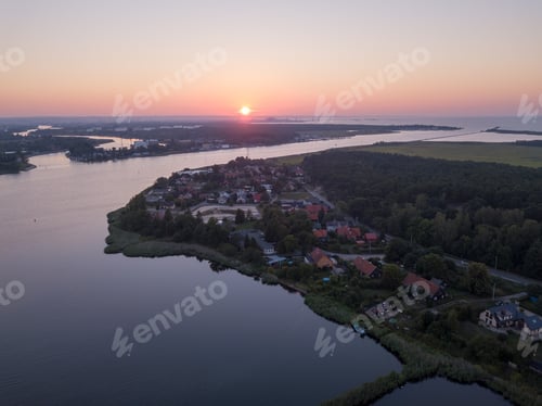 Preview: Beautiful Sunset Over Estuary Of Vistula River In Gdansk. Summer Sunset Over Sea And River.