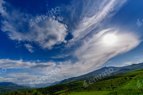 Preview: Amazing Spring Skyscape With Beautiful Clouds And Green Field, Armenia