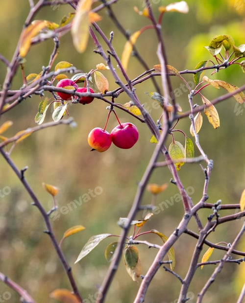 Preview: Autumn Landscape, Red Apple On The Bare Branches Of A Tree.