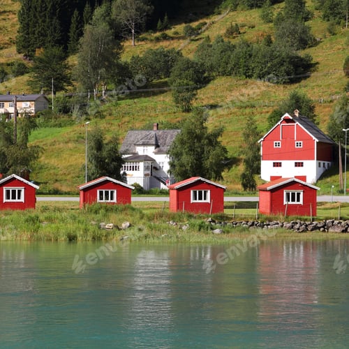 Preview: Norway, Sogn Of Fjordane County. Small Red Cabins Next To Nordfjord In Olden. Square Composition.