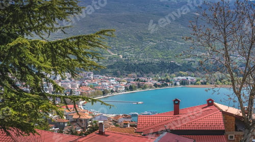 Preview: Panoramic Image Of Hillside Red Tiled Rooftops Of Houses On The Shore Of Lake Ohrid, Northern