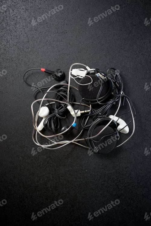 Preview: Small Headphones On A Black Table.