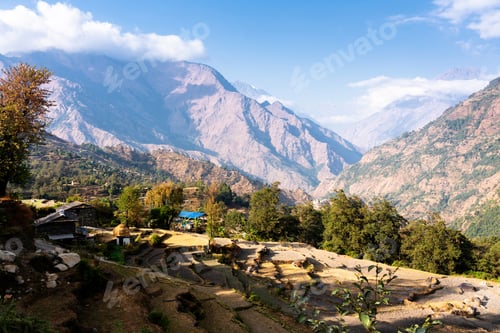 Preview: Aerial View Of Beautiful Green And Colorful Rice Field Terraces, Himalayas, Nepal On Annapurna