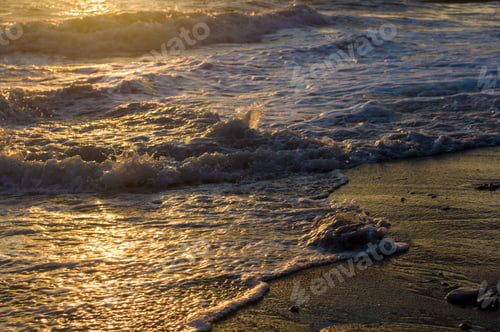 Preview: Pebble Stones On The Sea Beach, The Rolling Waves Of The Sea With Foam