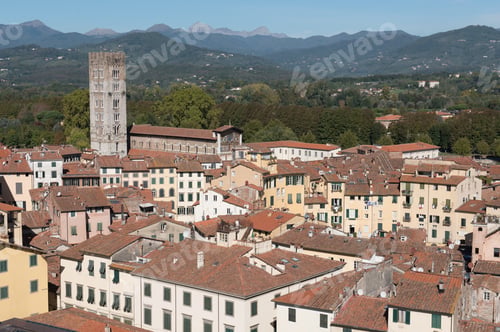 Preview: Cityscape With Rooftops Lucca Town From Torre Ginigi Tower. Tuscany Central Italy