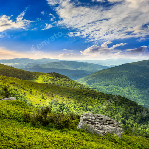 Preview: Mountain Landscape. Valley With Stones On The Hillside. Forest On The Mountain Under The Beam Of