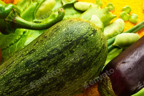 Preview: Still Life - Onion, Lettuce, Cucumber, Cilantro, Eggplant, Zucchini, Garlic Peas And Peppers On A