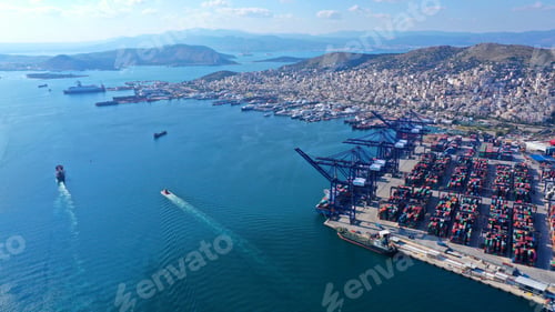 Preview: Aerial Drone Photo Of Industrial Container Terminal In Commercial Port Of Piraeus, Perama, Attica