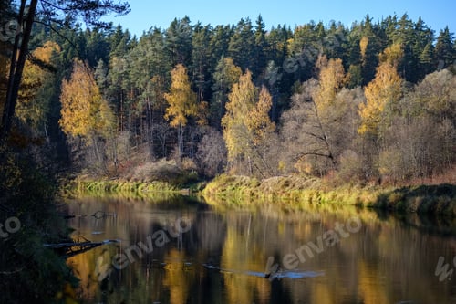 Preview: Nature Reflections In Clear Water In Lake Or River At Countryside. Autumn Colors