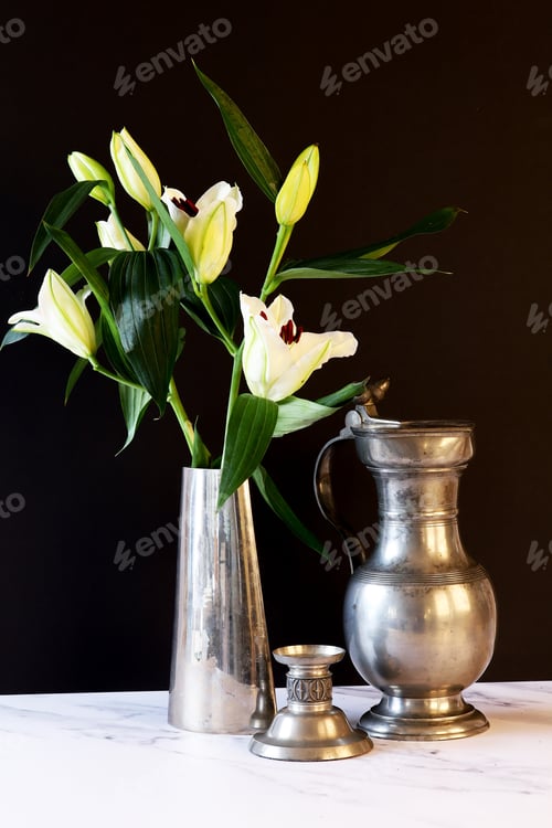 Preview: White Lilies and Silver Pitcher Still Life