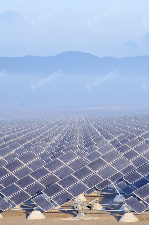 Preview: Group Of Photovoltaic Panels At Sunrise