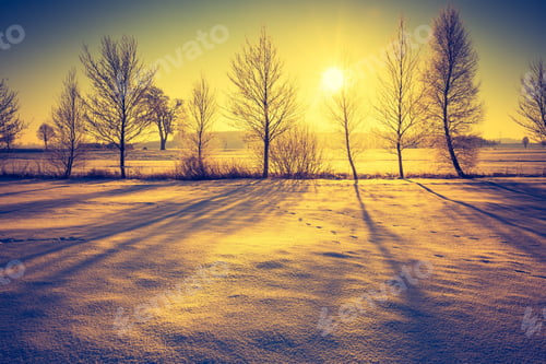 Preview: Vintage Landscape Of Winter Field In Poland. Beautiful Retro Landscape.