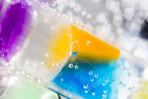 Vista previa: Composición abstracta con tubos submarinos con coloridas bolas de gelatina en el interior y burbujas