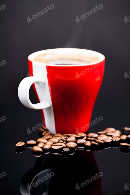 Preview: Red Cup Of Coffee With Coffee Beans And Dark Background