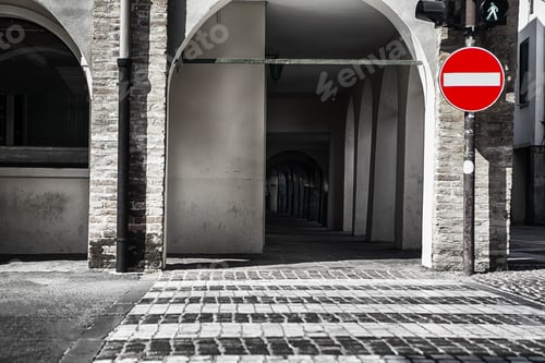 Preview: Black And White Image Of Pedestrian Street With Red Colored Stop Sign