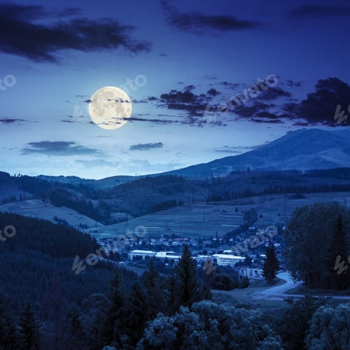Preview: Asphalt Road Going To Village, Passes Through The Green Shaded Forest In Mountains At Night In Full