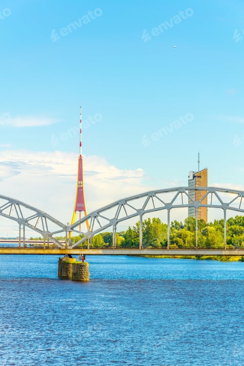 Preview: Tv Tower In Riga Behind A Steel Railway Bridge, Latvia