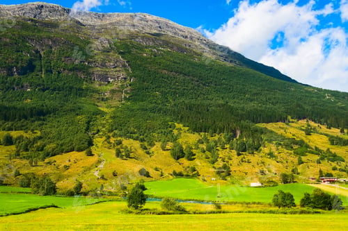 Preview: River Near Nordfjord In Norway. Olden In Norwegian Fjords, Landscape With Turquoise Water, Mountains