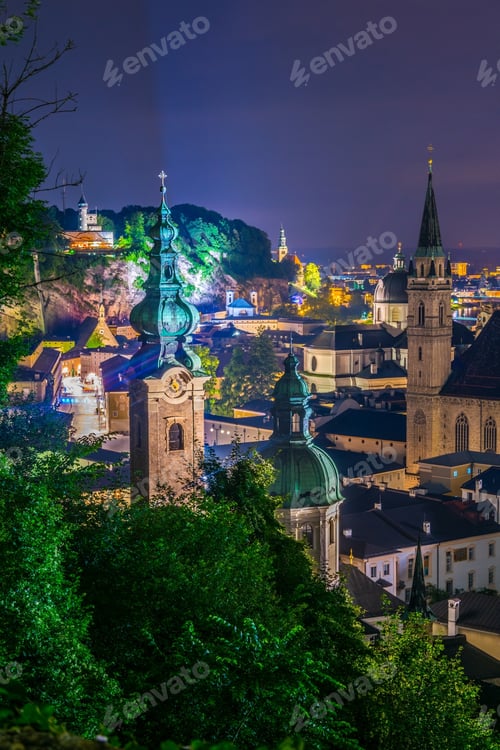 Preview: Night Aerial View Of The Dom Zu Salzburg Cathedral In Austria.