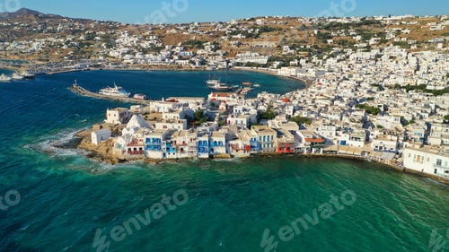 Preview: Aerial View Of Iconic Colourful White Washed Picturesque Little Venice In Old Town Of Mykonos
