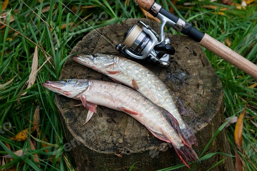 Preview: Freshwater Northern Pike Fish Know As Esox Lucius Lying On A Wooden Hemp And Fishing Equipment