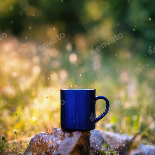 Preview: Blue Mug Of Hot Tea Or Coffee With Milk, Outdoor, Concept Adventure Active Vacations Outdoor
