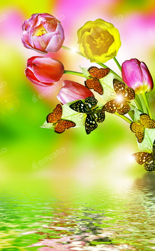 Preview: Tulips and Butterflies Against Soft Watery Background
