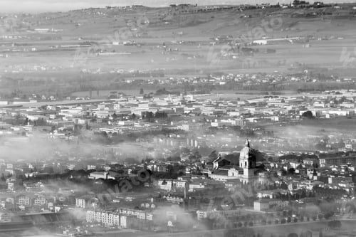 Preview: Beautiful Aerial View Of Santa Maria Degli Angeli Town (Assisi, Umbria), Partially Covered By Mist