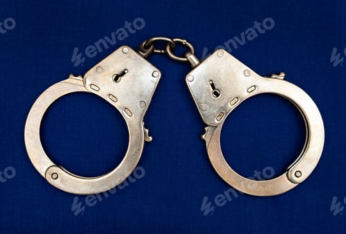 Preview: Handcuffs On The Blue Fabric Background Closeup