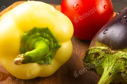 Preview: Still Life - Yellow Pepper, Tomato And Eggplant On Wooden Board