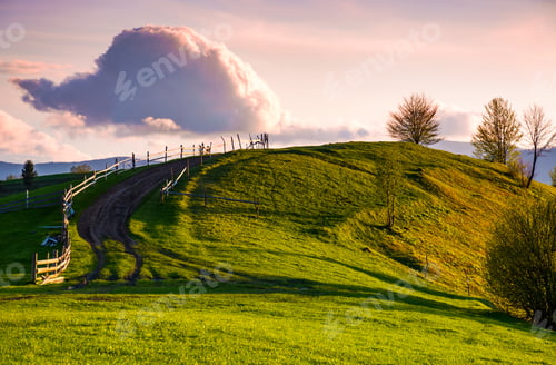 Preview: Country Road Through Grassy Hill At Sunset. Lovely Landscape In Mountains Under The Ravishing