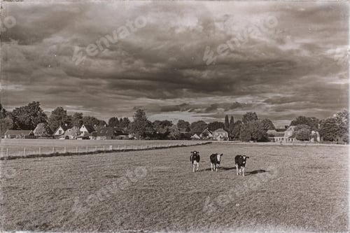 Preview: Classic Black And White Photo Of Cows On Farmland Running Towards Camera.