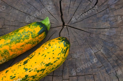 Preview: Unusual Green-Orange Zucchini On An Old Wooden Background