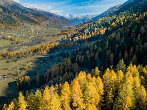 Preview: Aerial View Of Mountain Valley In Switzerland. Fall Colors During Indian Summer