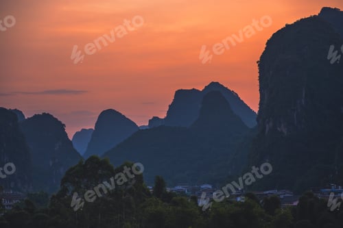 Preview: Beautiful Impressive Karst Mountain Landscape In Yangshuo At Dusk, Guangxi Province, China