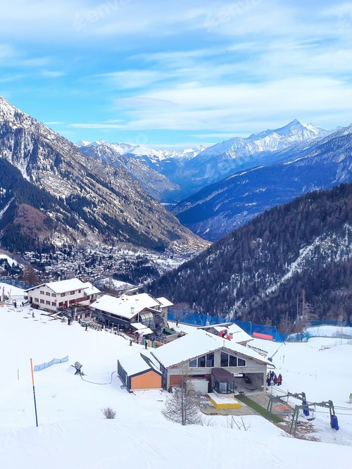 Preview: Winter Ski Resort Courmayeur Aerial View, Italian Alps. Mountains, Restaurants, Ski Lift And Cable