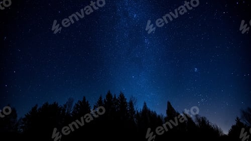 Preview: Night Sky Over Rural Landscape. Beautiful Night Starry Sky Landscape.