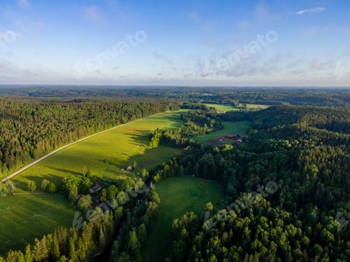 Preview: Drone Image. Aerial View Of Rural Area With Forest River In Summer Morning