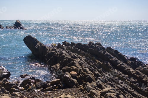 Preview: Rocky Sea Shore With Pebble Beach, Waves With Foam