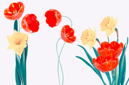 Preview: Bright Colorful Spring Flowers Of Daffodils And Tulips Isolated On White Background.