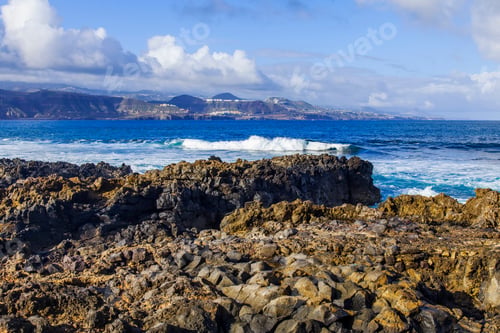 Preview: The Picturesque Rock At The Coast Of The Atlantic Ocean Is Washed By Waves