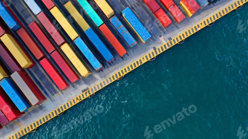Preview: Aerial Drone Top Down Photo Of Industrial Cargo Container Terminal In Popular Mediterranean
